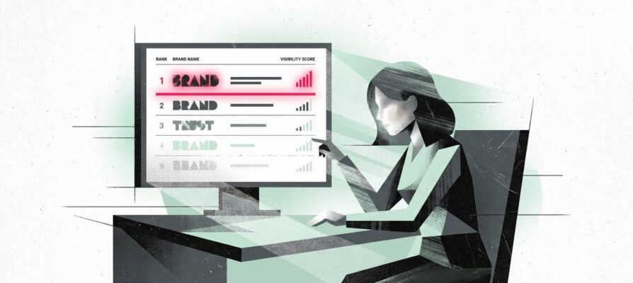 Illustration of a marketing analyst studying a screen displaying ranked Swiss insurance brands like Helvetia, Zurich, and Allianz, noting a dropped company.