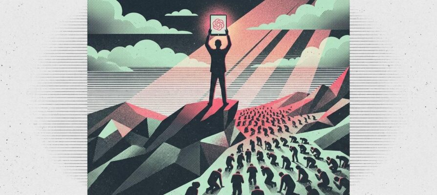 Illustration of a lone figure on a mountain holding a glowing ChatGPT tablet, with a vast multitude kneeling below in worship under dramatic chiaroscuro light.