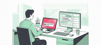 Illustration of an employee at a modern office desk using a laptop and a second monitor displaying a chat interface, representing sanctioned everyday AI use in a corporate setting.